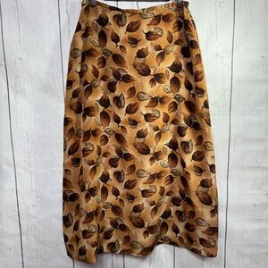 Vintage Silks Leaf Print Skirt 100% Silk Autumn Brown Botanical Cottagecore Boho